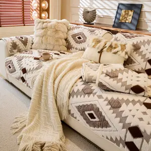 Bohemian Style Jacquard Plush Sofa Cover, Geometric Pattern, Thick Non-Slip Pet-Friendly Washable, Fits 1-4 Seater Sofas, Multi Colors, Jacquard Couch Covers