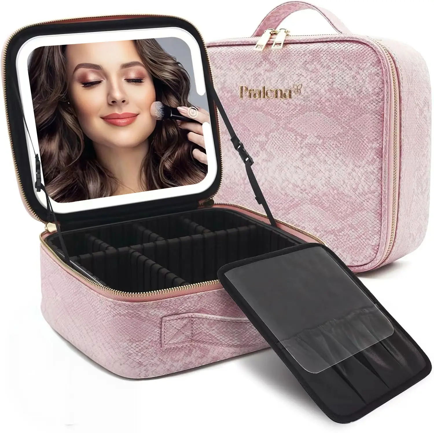 Pralena Travel Makeup Bag with LED Mirror & Brush Holder - Portable Cosmetic Train Case with Adjustable Dividers Pink Snake Print Organizer Compact C