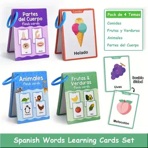 Spanish Vocabulary Learning Cards Set, Food Fruits Vegetables Body Parts, Kindergarten Language Teaching Aids, 4 Themes