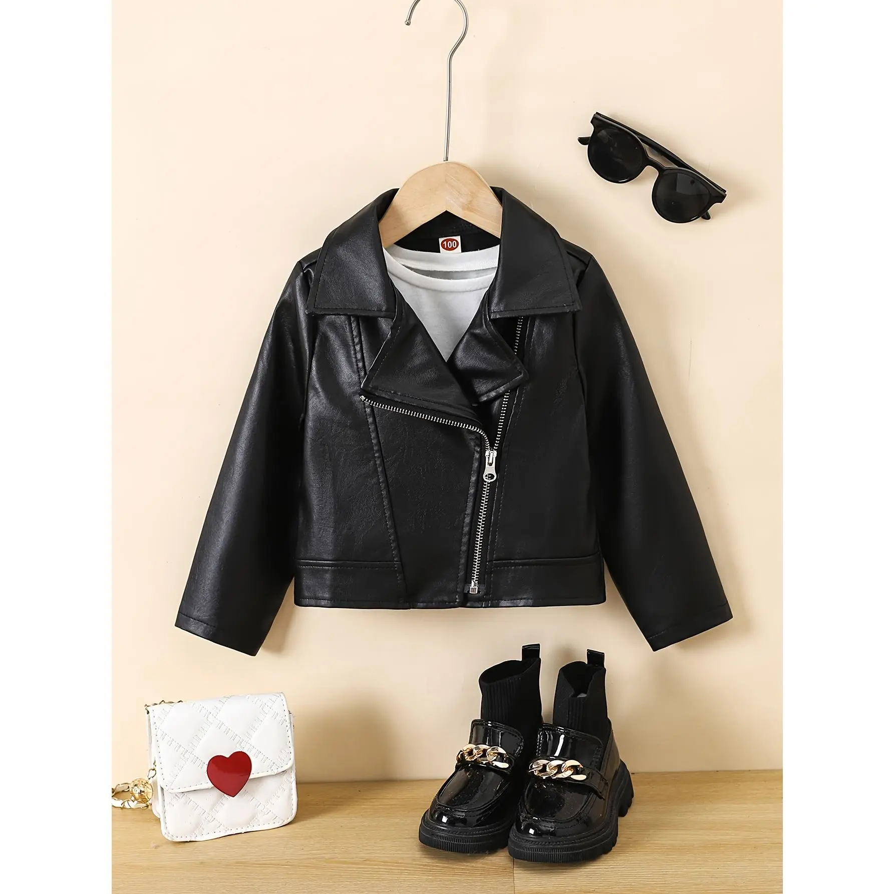 Girls' Long-Sleeve PU Leather Solid-Color Lapel Jacket - Vintage Cool Zipper Coat, Adorable & Cute Girls' Outerwear for Autumn Winter, Adorable Girls' Jackets, Cute Girls' Jackets