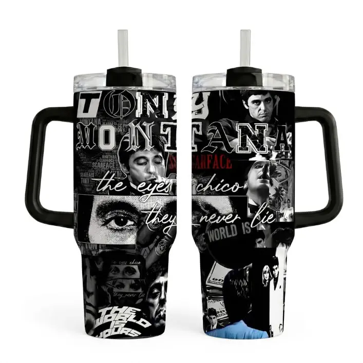 Scarface T0ny M0nt@na Tumbler 30oz 40oz With Handle, Classic Gangster Movie Fan Cup With The Eyes Chico They Never Lie And The World Is Yours Collage, Not Including The Straw Drinkware Water Bottles