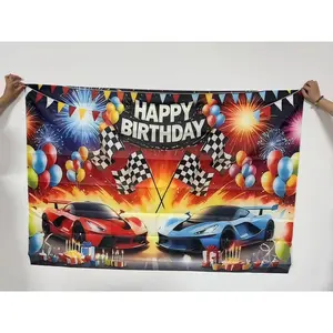Cartoon Racing Pattern Birthday Banner, 1 Count Colorful Supercar Design Happy Birthday Banner, Durable Polyester Fabric Backdrop for Indoor & Outdoor Party Decorations, Party Decorations Banners