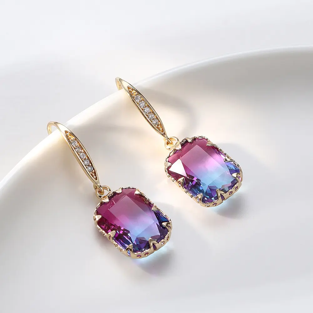 Brilliant Square Gemstone Drop Earrings Zirconia Purple Tourmaline Stud Earrings