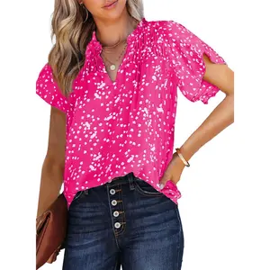 Dokotoo Women's Casual V Neck Alicia Floral Print Smocked Short Sleeve Chiffon Blouses Bohemian Top Shirts