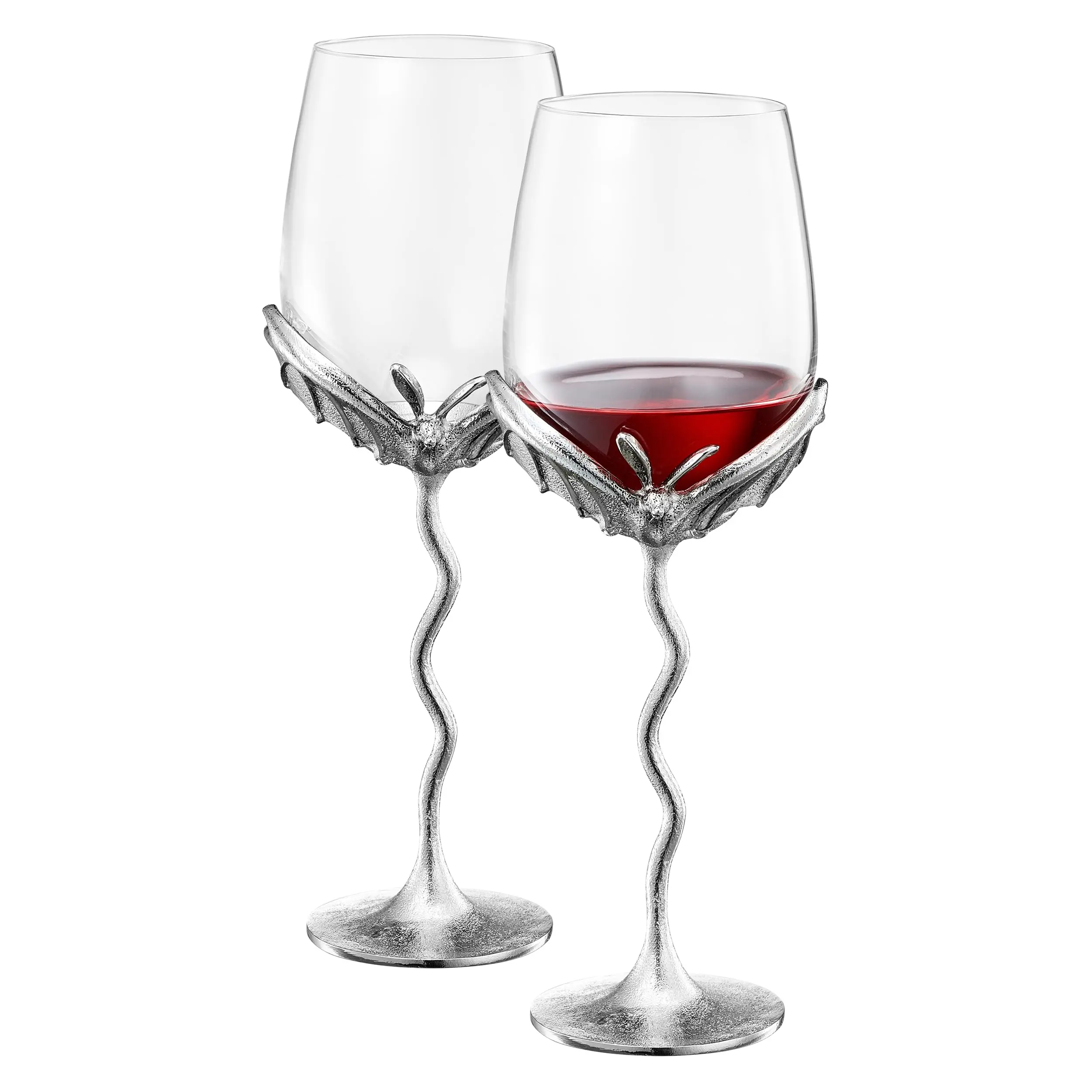 Silver Bat Wine Glasses Set Of 2 Gothic Goblet Pair With Alloy Steel Stems And Borosilicate Glass Un