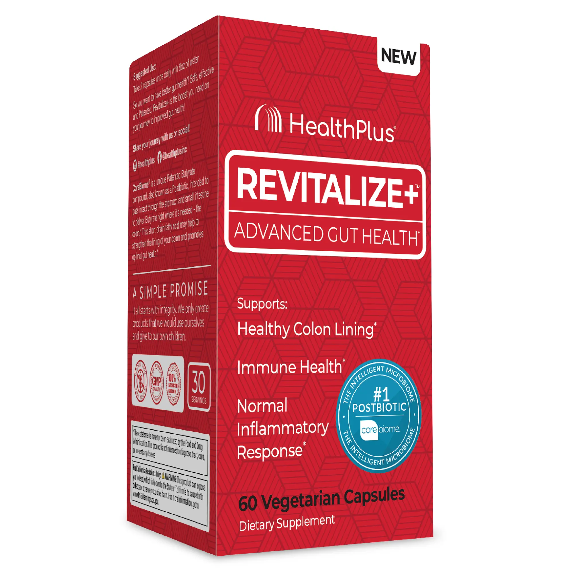 Health Plus Revitalize+ Corebiome Tributyrin Postbiotic – Gut Health Supplement for Leaky Gut, Colon & Immune Support – 60 Capsules, Vegan