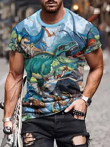 Jurassic Dinosaur Group 3D Print T-Shirt, Fun Vintage Style, Men's Casual Trendy Short Sleeve Top, Unique Personality Fashion