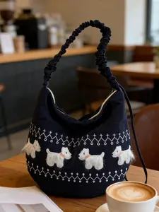 Advanced minimalist casual versatile cartoon animal embroidery decoration armpit bag, retro personality niche design large capacity shoulder bag, suitable for daily commuting, shopping in the mall, and gatherings