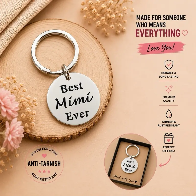 Fade-Resistant Metal Keychain for Grandma - 1.12-Inch Pendant Key Tag with Split Ring, Unisex Casual Everyday Jewelry, Great for Mother's Day & Thanksgiving Happy Birthday Gifts (Best Mimi Ever Design)