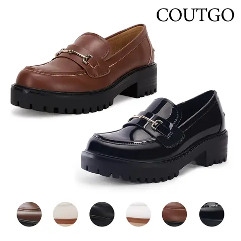 Coutgo Women's Fashion Faux Leather Slip-On Platform Loafers - Round Toe, Plain Design, Chunky Lug Rubber Sole, Chunky Heel, Metal Chain, Lightweight Ankle Shoes for Casual All Seasons Wear