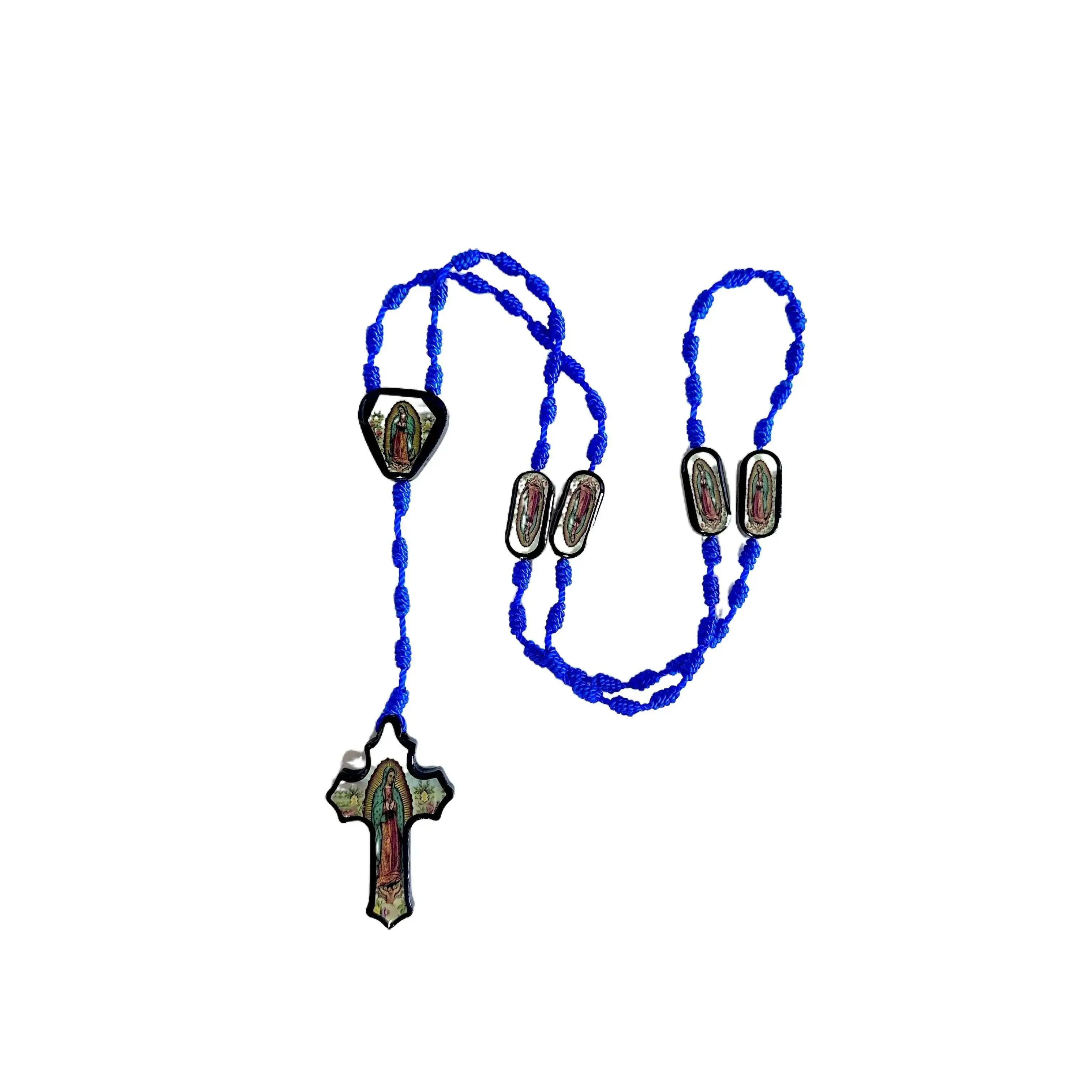 Virgen de Guadalupe Bead-Thread Rosary Necklace - 19in Colored Faith Necklace, Fashion Jewelry Trend Piece, Meditation & Prayer Costume Accessory (Blue or Pink Options), Colored Necklaces