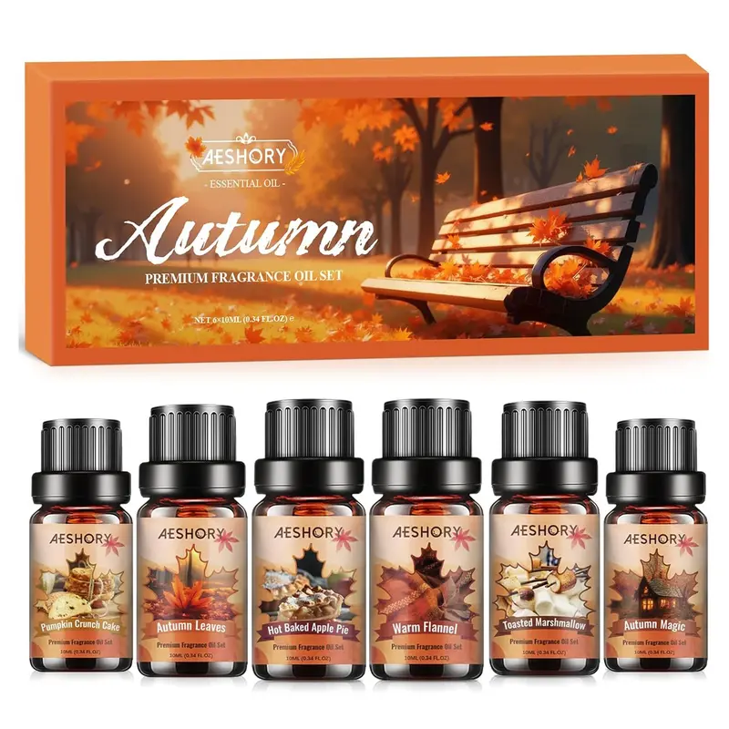 Aeshory Autumn Premium Fragrance Oil Set - 6 Assorted Flavors Bottled Mixed Boxed Assortment Aromatic Scent Scented Oils for Home Diffuser & Aromatherapy (Pumpkin Crunch Cake, Marshmallow, Magic, Leaves Scents)