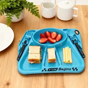Motorcycle-Car Themed Toddler Tableware Set - Colorful Anti-Slip Suction Base Divided Plate, Easy-Hold Fork, Spoon, Food-Safe Self-Feeding Baby Led Weaning Utensils, Birthday Gift for Fun Eating