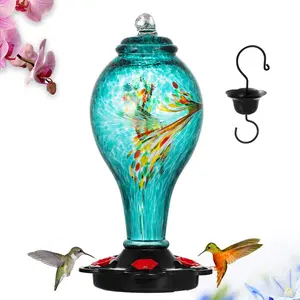 Lujii Glass Hummingbird Feeder, Bird Nectar Feeder, Handmade Blown Glass 36oz, 5 Metal Feeding Stations, Ant Moat, Perfect Garden Decor