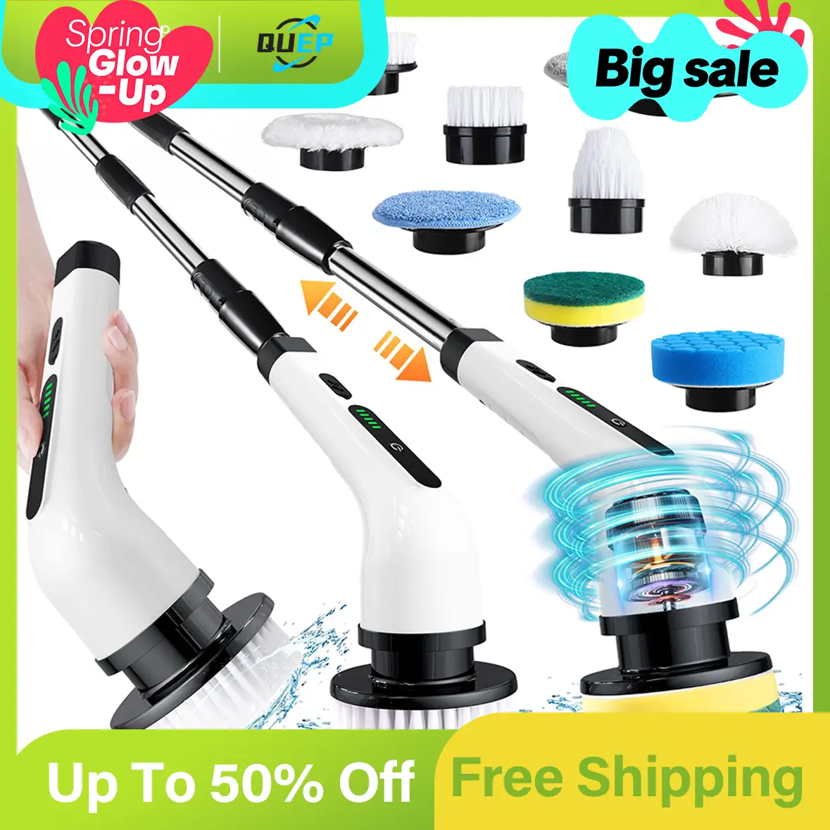 【Spring Deal】QUEP Electric Spin Scrubber, Cordless Cleaning Brush, Shower Scrubber with 9 Brush Heads 2H Power Dual Speed, Adjustable Extension Handle