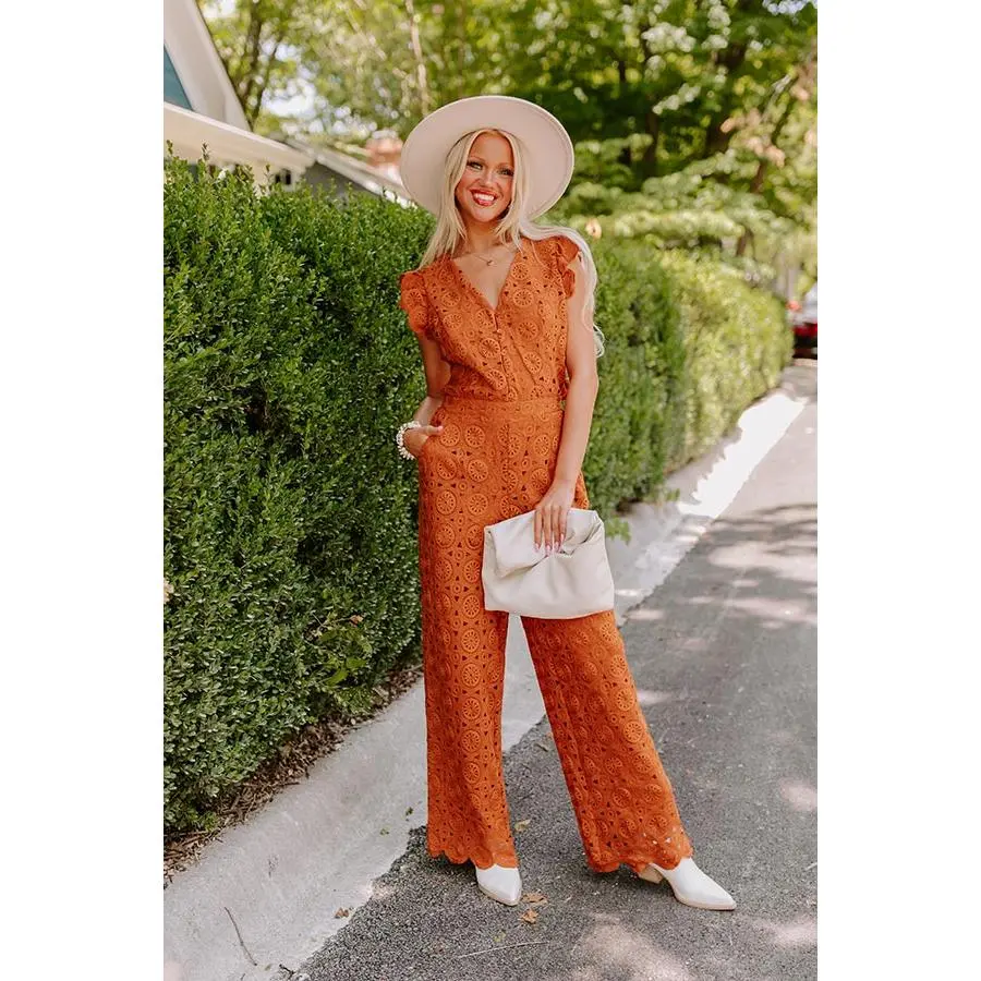 Under The Tucson Sun Crochet Jumpsuit in Rust