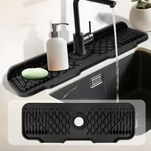 17 Inch Faucet Mat For Kitchen Sink Splash Guard Behind Faucet, ,5?Slope  Draining  Mat , Dish Soap Sponge Holder for Bathroom Sink kitchen sink organizer (black, 17" x 6")