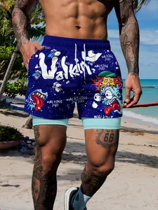 Graffiti Cartoon Print Double-Layer Beach Shorts, Trendy Cool Anti-Chafe Men's Quick-Dry Swim Trunks, Fitted Drawstring Waist, Summer Swim Trunks