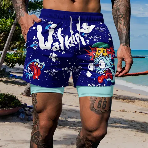 Graffiti Cartoon Print Double-Layer Beach Shorts, Trendy Cool Anti-Chafe Men's Quick-Dry Summer Swim Trunks, Fitted Drawstring Waist, Printed Swim Trunks, Swimsuit Shorts