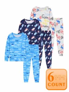 Boys' 3 Set 6 Piece Cartoon Dinosaur Shark Ship Pattern Spring Autumn Thin Round Neck Long Sleeve Pants Cartoon Print Pajama Sleepwear Set