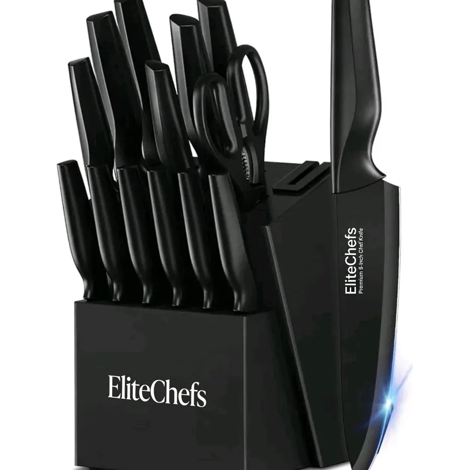 EliteChefs ,Knife Set, 14 Pieces Kitchen Knife Set, High Carbon German Stainless Steel, Dishwasher Safe Cutlery with Built-in Knife Sharpener, Black