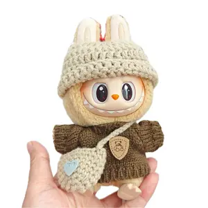 Hand-Knitted 3-Piece Outfit Doll Clothes for 6.7" Labu-bu (No Doll), Cozy Sweater Outfit with Knit Bag & Pants, Soft Plush Doll Fashion Accessories, Kawaii Handmade Labu-bu Clothes