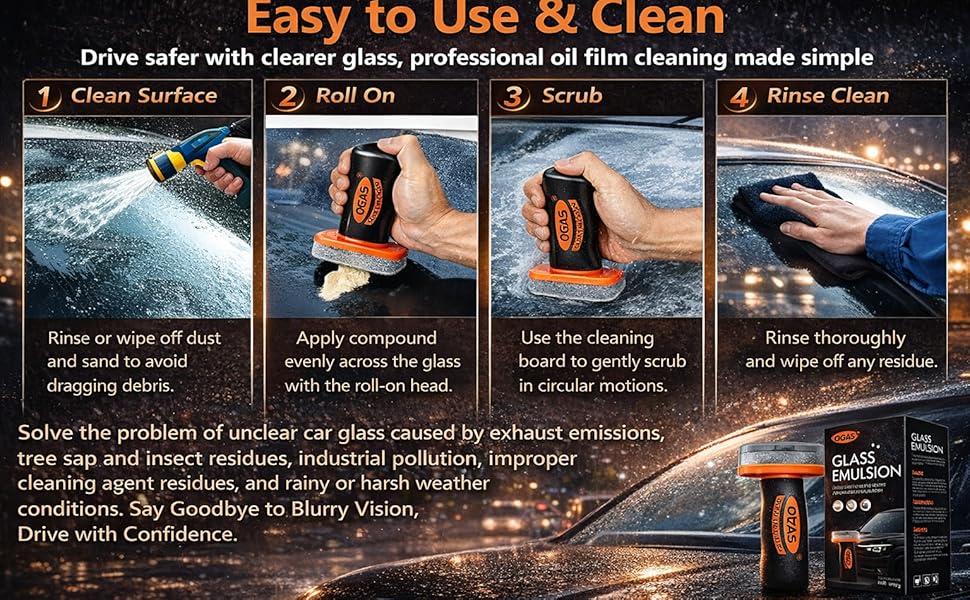 Glass Emulsion  Powerful  Multi-Purpose Cleaner Oil Film Cleaning Brush, Car Windshield Cleaner Tool for Automotive Windshield/Window/Mirror Cleaning, Clearvision Improve Driving Visibility