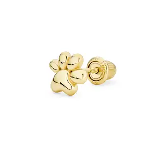 Tiny Yorkie Dog Bone Cat Paw Print Stud Earrings Cartilage 10K-14K Yellow Gold