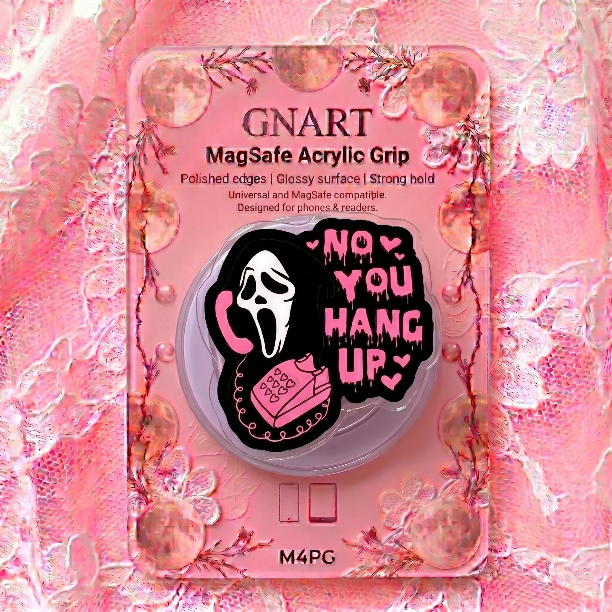 Whimsical Sassy Ghost Slasher Calling MagSafe Acrylic Grip | Universal Glossy Edge Magnetic Phone Holder | Cute Spooky Season Accessory for iPhone