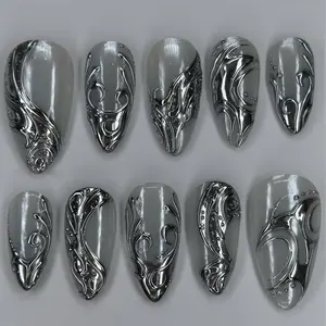 24pcs Short Almond Fake Nails Gothic Style Press on Nails Silver 3D Design Art Nails Silver Pattern Detachable Wearable Nail Tips Cool Spicy Look