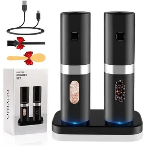 Rechargeable Electric Salt and Pepper  Set with Double  Base, Support  Operated, Refillable  Automatic Mill Shakers Set with Adjustable Coarseness and LED Light