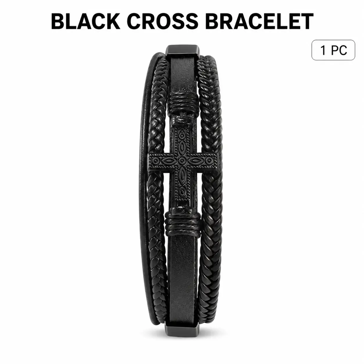 Gothic Punk Synthetic Bangle Bracelets - 1 Bracelet, 1 In Wide Layered Braided PU Leather Band, Black Cross Accent, Metal Hook Clasp, 8.8 In Length, Daily All-Season Casual Jewelry for Men & Women