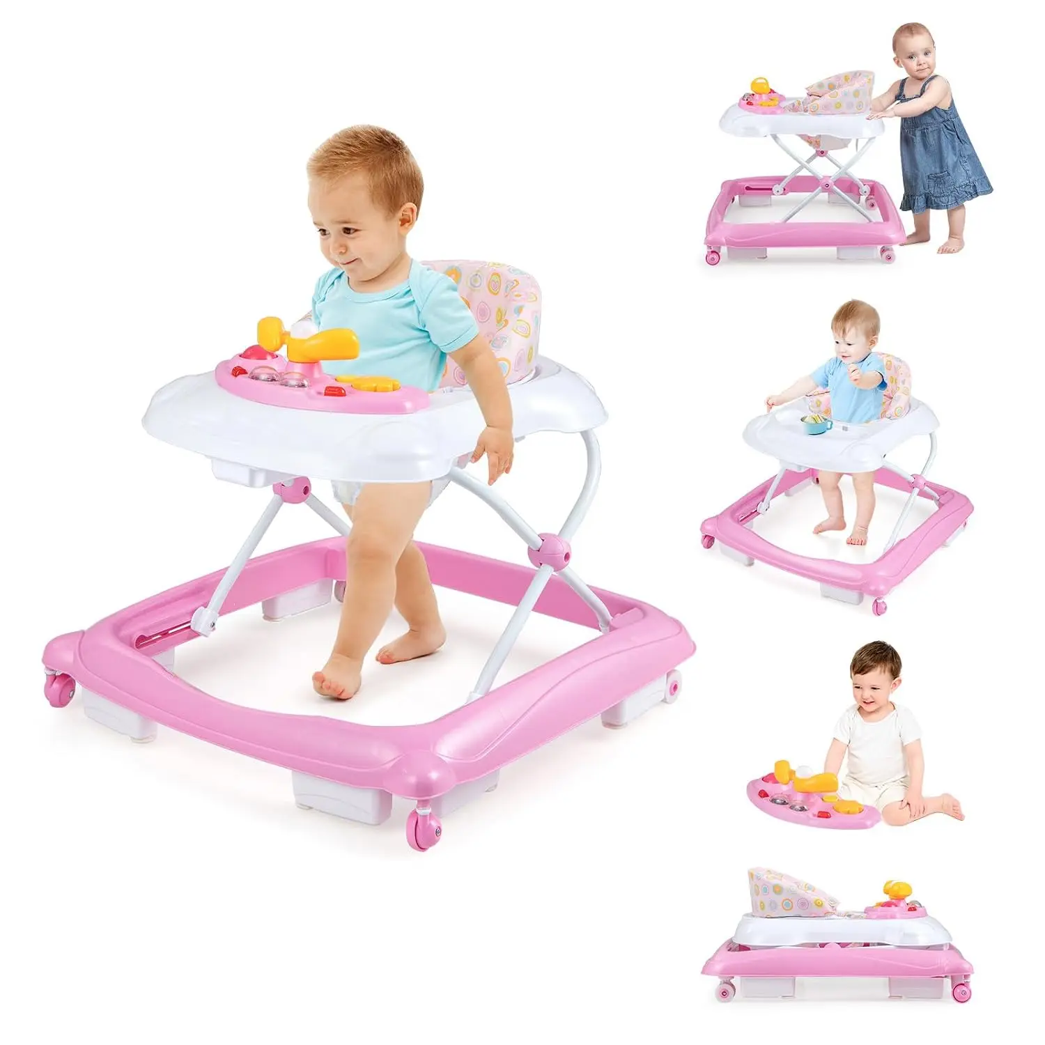 Baby Walker, 4 in 1 Foldable Activity Walker with Adjustable Height, Music, Lights, Anti-Rollover Toddler Push Walker, Baby Walker with Wheels for Boys Girls 7-14 Months