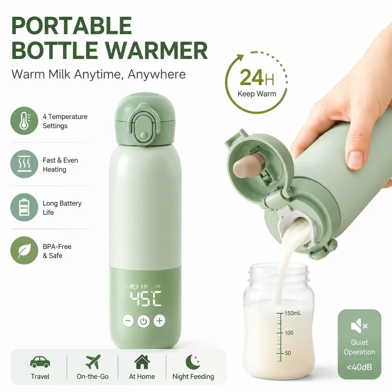 Portable Fast Bottle Warmer - 12oz 80W Fast Heating, 316 Stainless Steel, 11400mAh Rechargeable, Precise Temp Control, LED Display, Safety Lock, Cordless for Travel Feeding, Mom Gifts, Baby Items, Fast Bottle Warmers