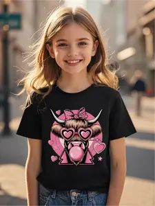Valentine's Day Heart Glasses Cute Cow Print Girls' T-Shirt, Polka Dot Bow Tie, Full Screen Hearts, Perfect Gift for Children
