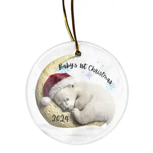 Baby's 1st Christmas Ornament - Baby Polar Bear Sleeping on a Crescent Moon - 3" round ceramic ornament