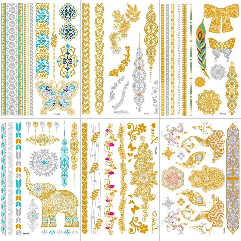 6 Metallic Temporary Tattoo Stickers for Women, Butterfly and Feather Bracelet Designs, Waterproof Glitter Tattoos for Beach and Festival Parties