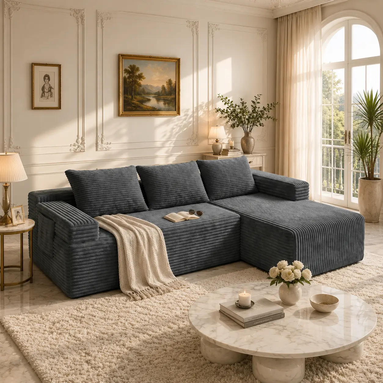 【summer vibes】BLLYYUV Modern Vertical Striped Corduroy Modular L-Shaped Cloud Sectional Sofa, Oversized Deep Seat Couch with Chaise Lounge, Pet Friendly Upholstered Sofa for Living Room Villa Apartment Home Decoration（ship 2-packages)