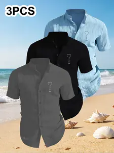3-Pack Men's Summer Short Sleeve Shirts, Chest Print Design, Lightweight Breathable Solid Stand Collar Button Shirt, Ideal for Beach Poolwear