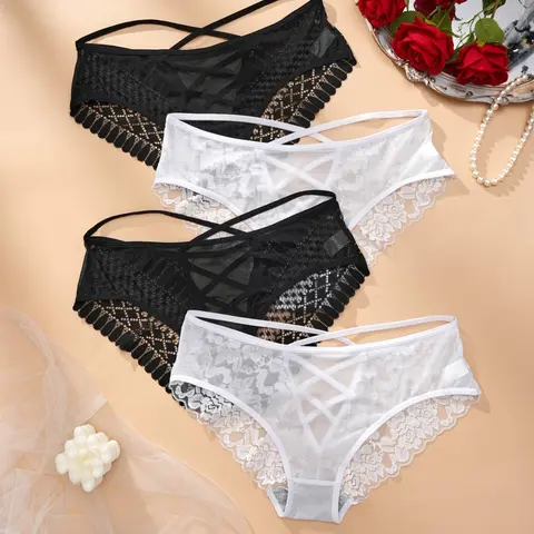 Women's Contrast Floral Lace Criss Cross Knicker, Soft Comfy Breathable Panty for Daily Wear, Ladies Underwear for All Seasons, Fashion Comfy Underwear