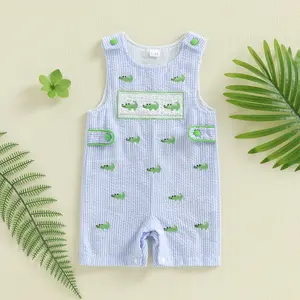 Infant Baby Boy Crocodile Embroidery Jumpsuit Button Straps Sleeveless Striped Tank Romper Summer 0-24 Months