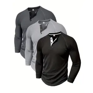 Men's Loose Solid Henley Shirt, Crew Neck Half Button Long Sleeve Shirt For Spring Fall Outdoor Activities