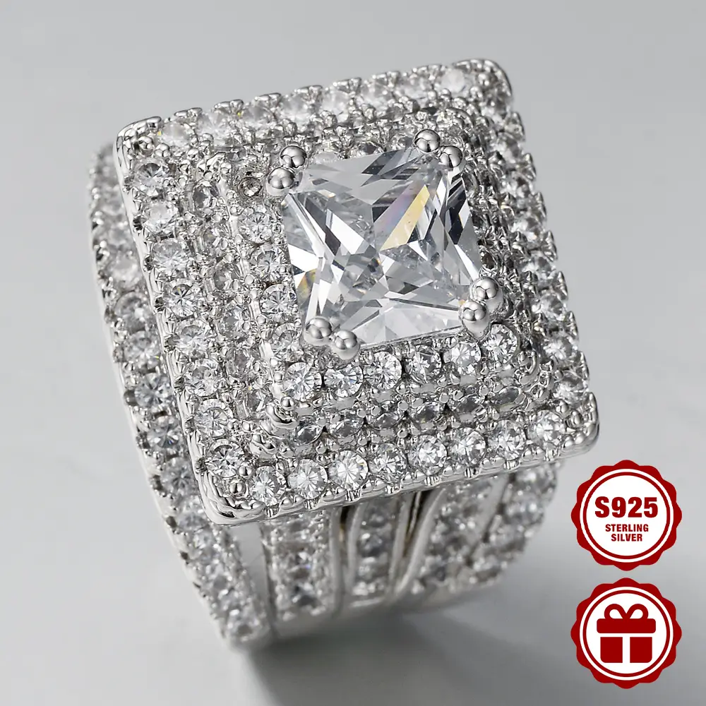 Anzuroly 925 sterling silver engagement ring for ladies, with luxurious full setting of CZ halos, princess square main stone, suitable for wedding or