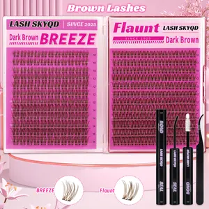 LASH SKYQD 276pcs D Curl BREEZE & Flaunt Brown False Eyelash Cluster Kit, Mix 10-16mm Wispy Cluster Eyelash Extensions Kit With Lash Bond and Seal and Tweezers, Perfect for Beginners & Proficient, DIY at Home Easily, Easy Apply for Makeup Daily