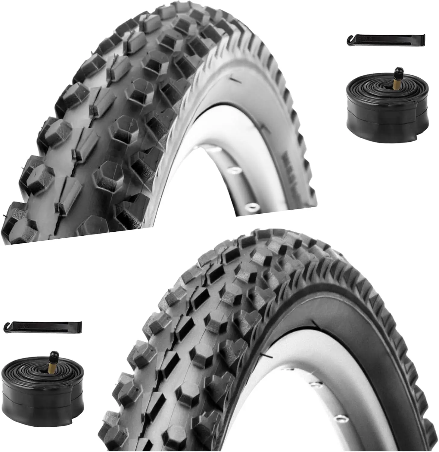 Mountain Bike Tires Set: 2-Pack 26x2.1 Inch Folding Replacement Bicycle Tires and Pair Schrader Valve Inner Tubes with Tire Levers for MTB Off-Road Bike