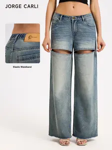 JORGE CARLI  Women's New Arrival Ripped Design Elastic Waist Low Rise Loose Straight Jeans, Casual Fashion Versatile, All Seasons