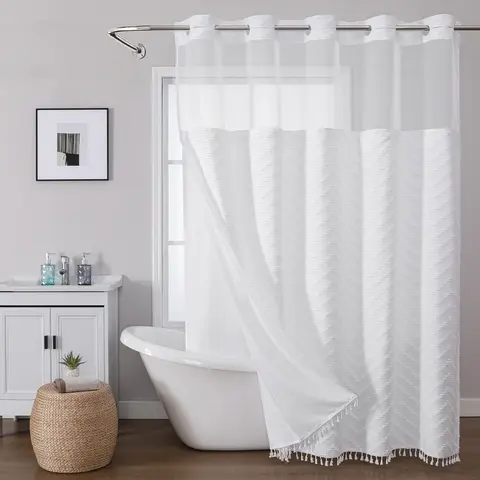 No Hook Bohemian Gray Shower Curtain, with Fringe Bottom, Tufted Chevron Striped, Mesh Top Window, Modern Boho Bathroom Decor, Water-Resistant Fabric
