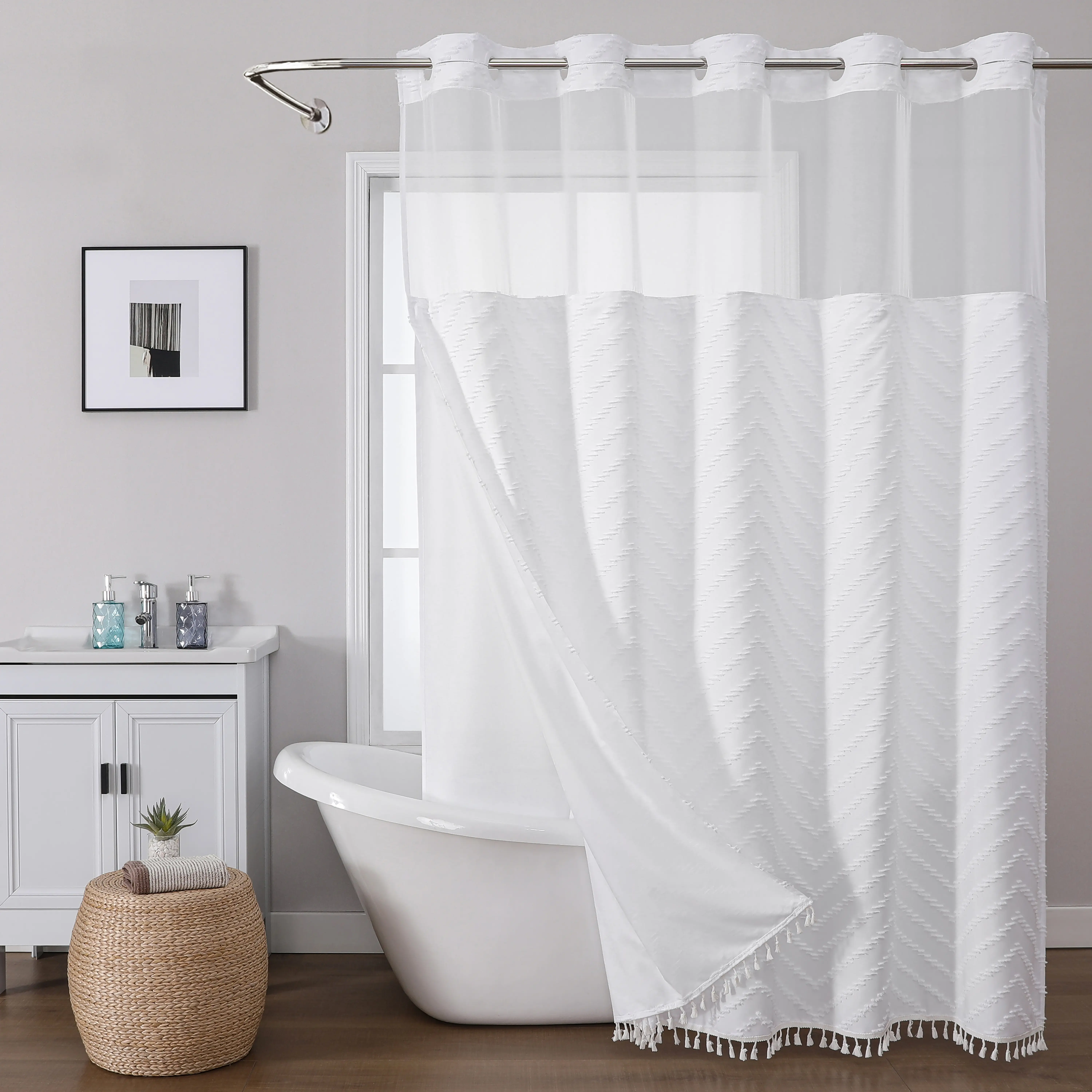 No Hook Bohemian Gray Shower Curtain, with Fringe Bottom, Tufted Chevron Striped, Mesh Top Window, Modern Boho Bathroom Decor, Water-Resistant Fabric