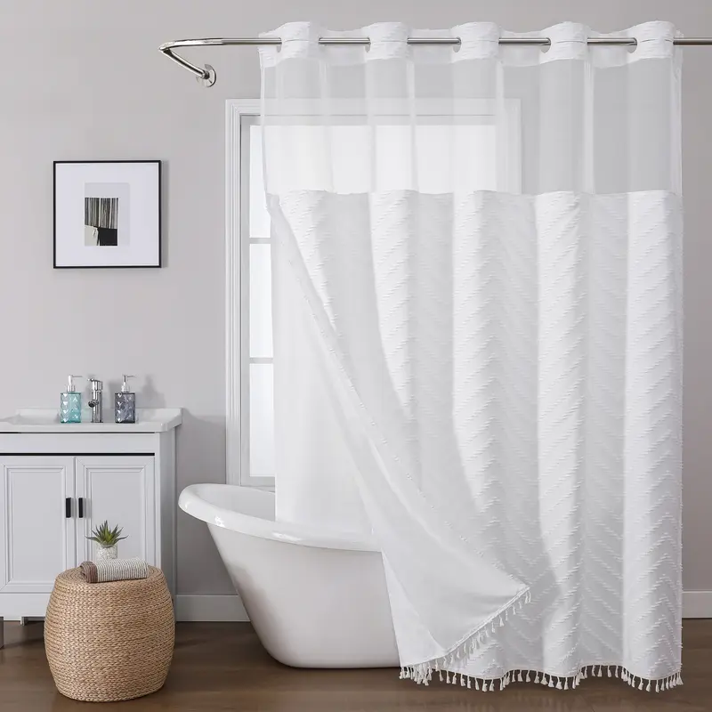 No Hook Bohemian Gray Shower Curtain, with Fringe Bottom, Tufted Chevron Striped, Mesh Top Window, Modern Boho Bathroom Decor, Water-Resistant Fabric