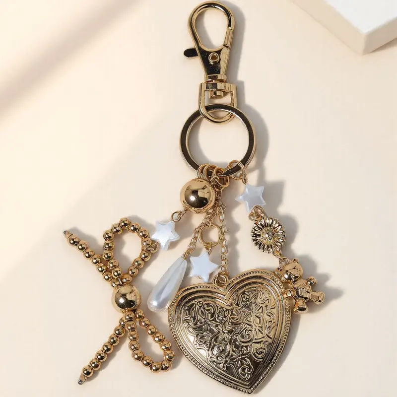 Trendy Heart & Bow Teddy Bag Charm, Gold Keychain Pendant, Perfect Gift for Friends